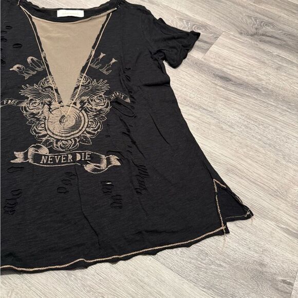 Oober Swank Black Rocker Graphic Women's Top with mesh cleavage - Picture 3 of 6